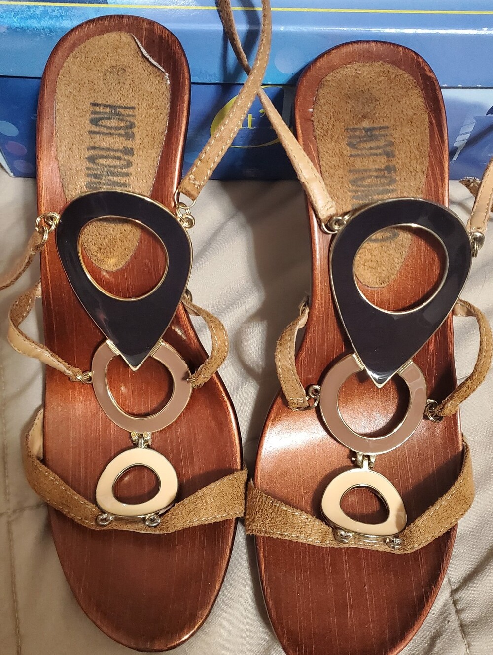 Hot Tomato Tan Strappy Sandal with Gold and Black Accents